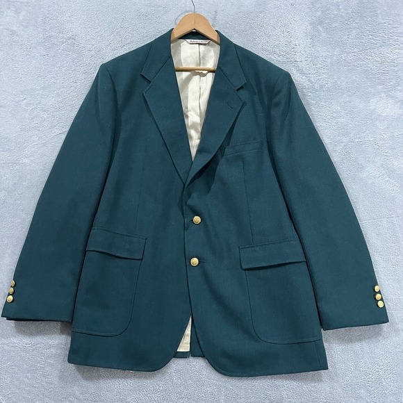 Vintage Stafford‎ Blazer Mens 46L Green Worsted Wool Blend Gold Button USA 90s